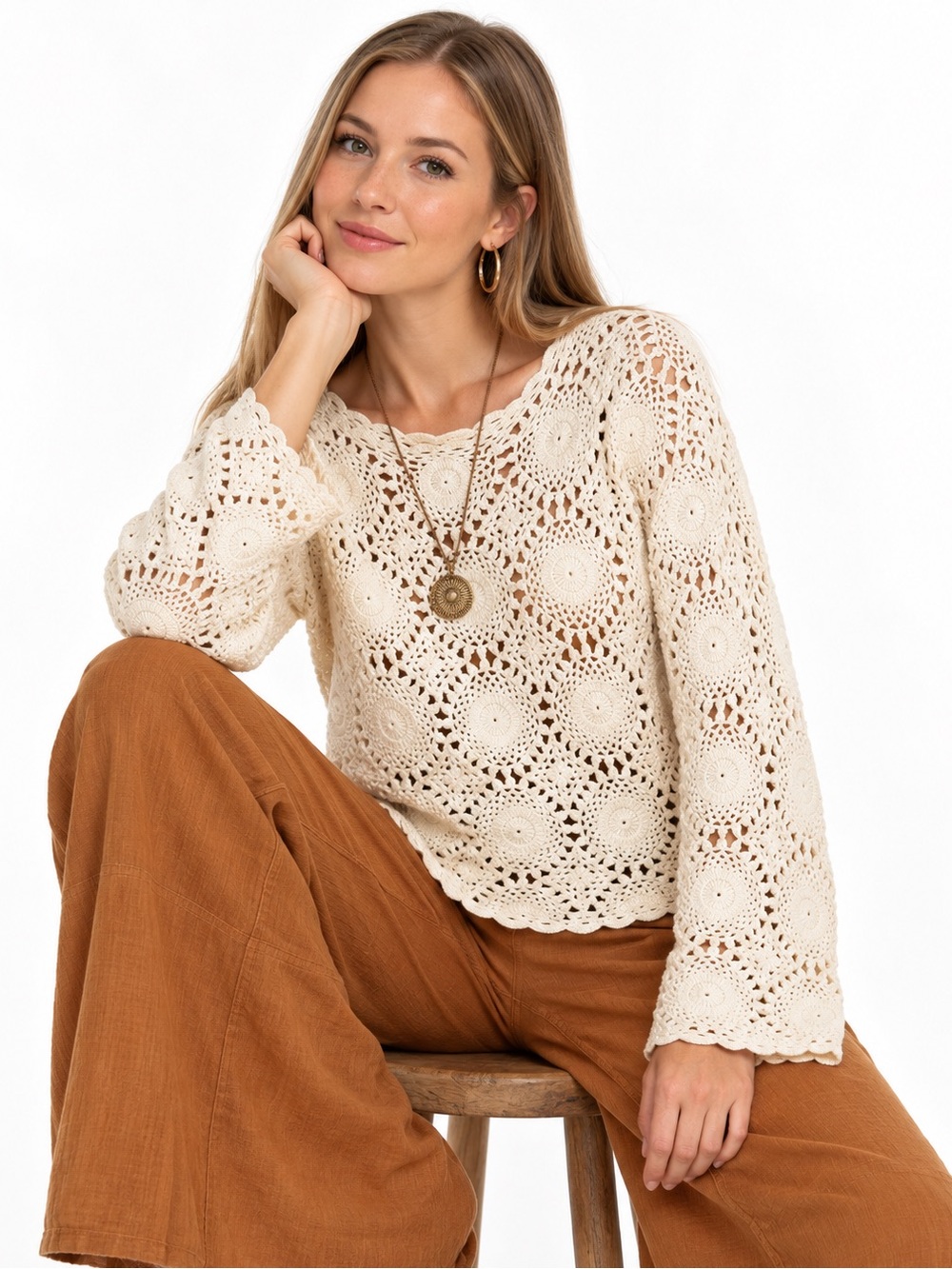 Vintage Jacqueline Ferrar M Ivory Crochet Ramie Cotton Sweater 90s Boho Knit
